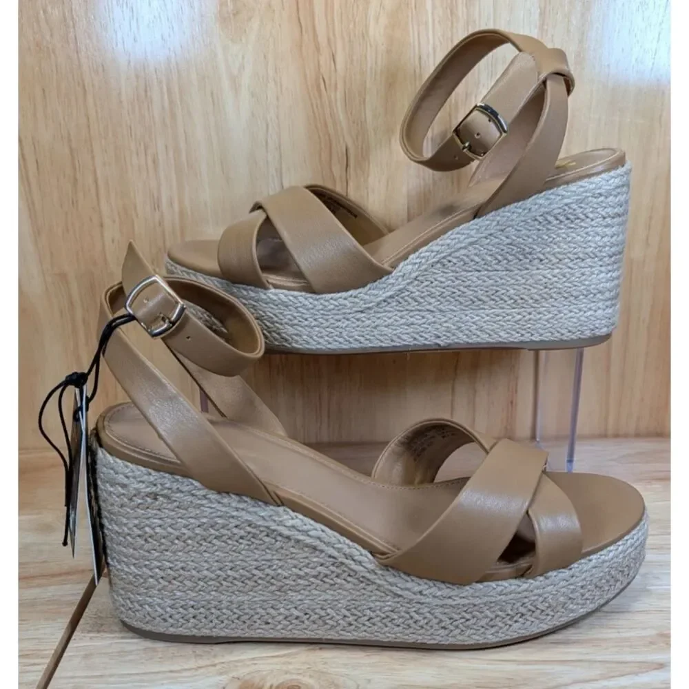 Madden NYC Platform Espadrille Sandals Tan Size 9.5 Womens Ankle Strap‎